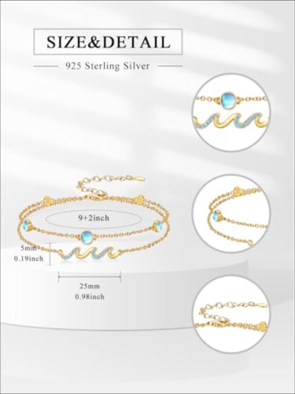 925 Sterling Silver Wave Anklet with Moonstone, Ocean Jewelry - Picture 6 of 7